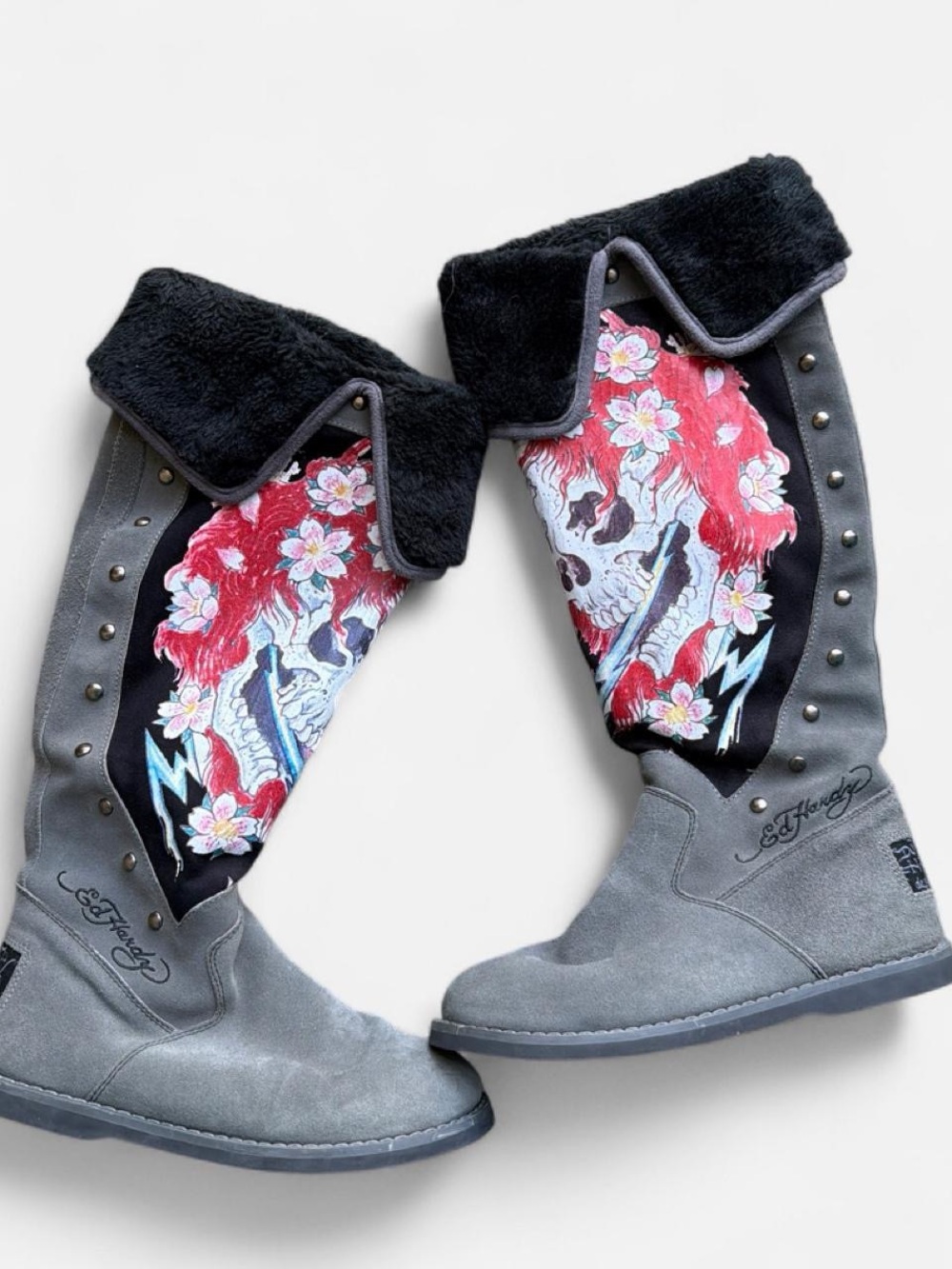 Y2k Ed Hardy Grey Suede Skull Floral Tall Boots